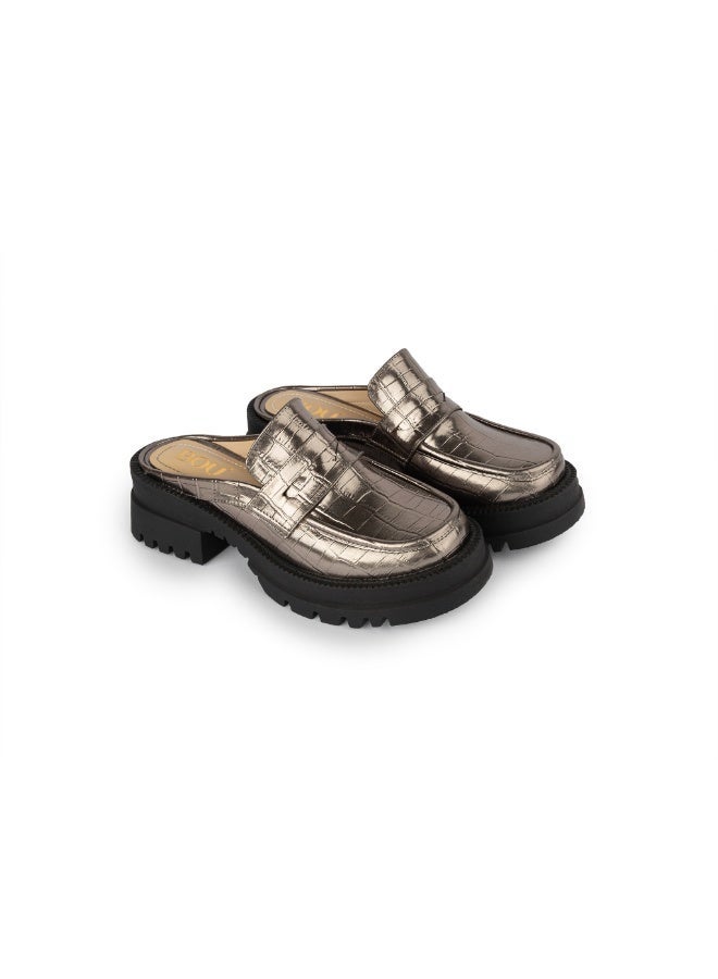 BOU Chunky Mule |Croco - Shiny Taupe - Image 1